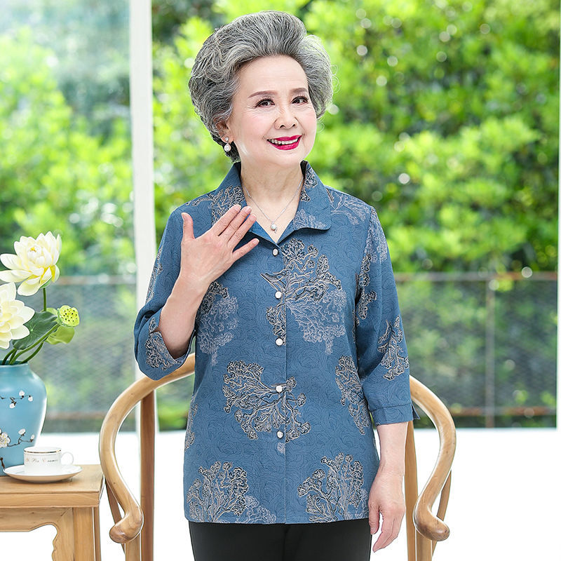 绿吖喵中老年女装奶奶夏装衬衫上衣女中袖衬衣薄款-岁七分袖衣服 树叶