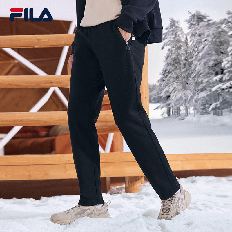 斐乐（FILA）官方冬季新款男子加绒保暖长裤针织直筒运动裤子百搭通勤休闲长裤 【经典款-加绒保暖版】正黑色-BK XL 180/88A