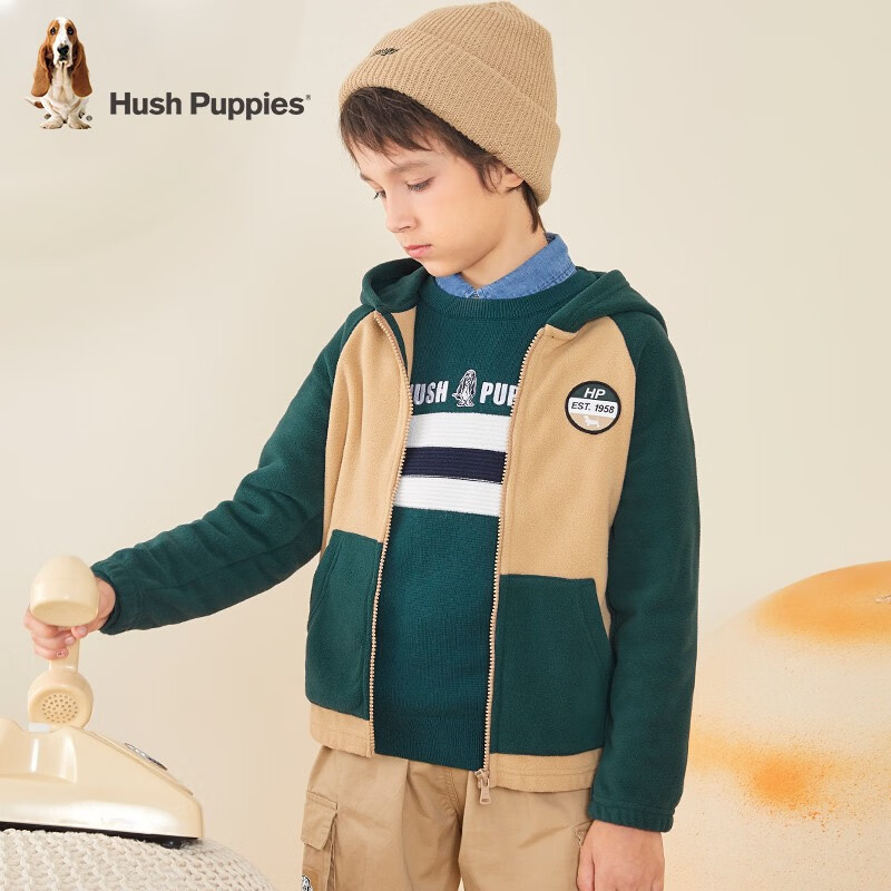暇步士(Hush Puppies)童装儿童针织外套男童女童春秋中大童拉链开衫摇粒绒外套 丛林绿 140 cm