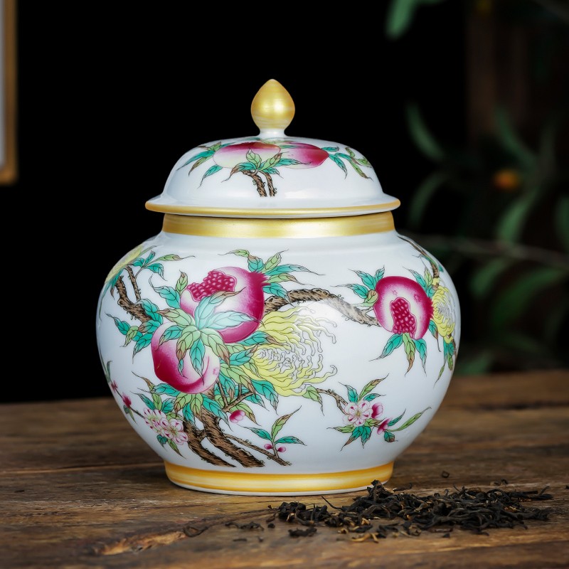 奮行景德鎮(zhèn)青花瓷大號茶葉罐陶瓷盒醒茶家用防潮儲物罐茶桶茶具 九桃
