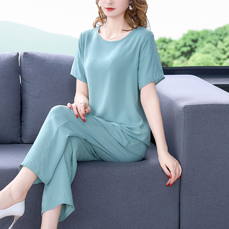 格卡蜜(gekami)胖妈妈肥胖女装加大码夏天160斤棉绸套装女夏季九分阔