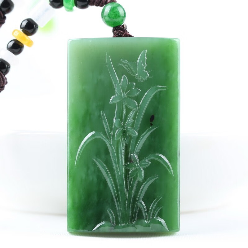 润艺 和田玉碧玉兰花吊坠 男女款俄碧玉牌玉坠玉佩挂件项链