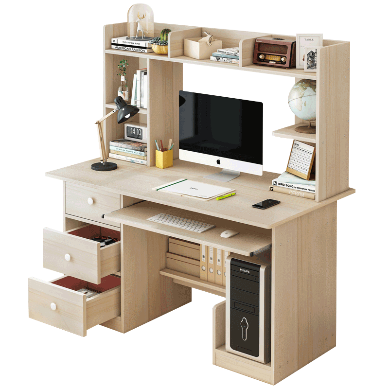 人文成家 电脑桌简约书桌书柜组合家用卧室台式学习写字桌多功能带书架一体办公书桌子 【三抽】120cm枫樱木色