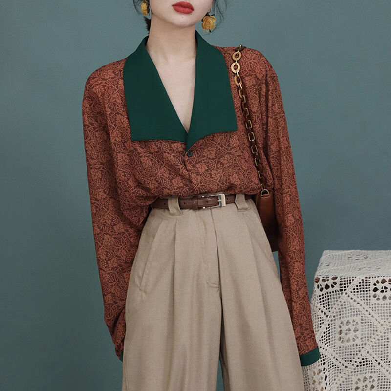 兰威费雷80年代港风女装复古撞色翻领长袖古著vintage碎花衬衫女春夏