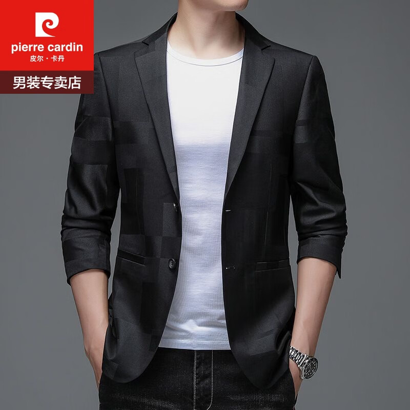 皮尔卡丹（pierre cardin）春夏季薄款休闲时尚西服中年男士韩版西装便西宽松单件西装外套男 黑色 XL