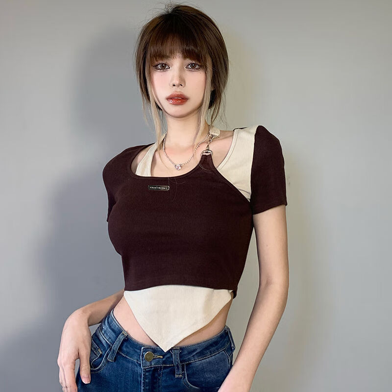 熊迪明夏季新款设计感链条挂脖不规则假两件撞色t恤女修身显瘦短袖