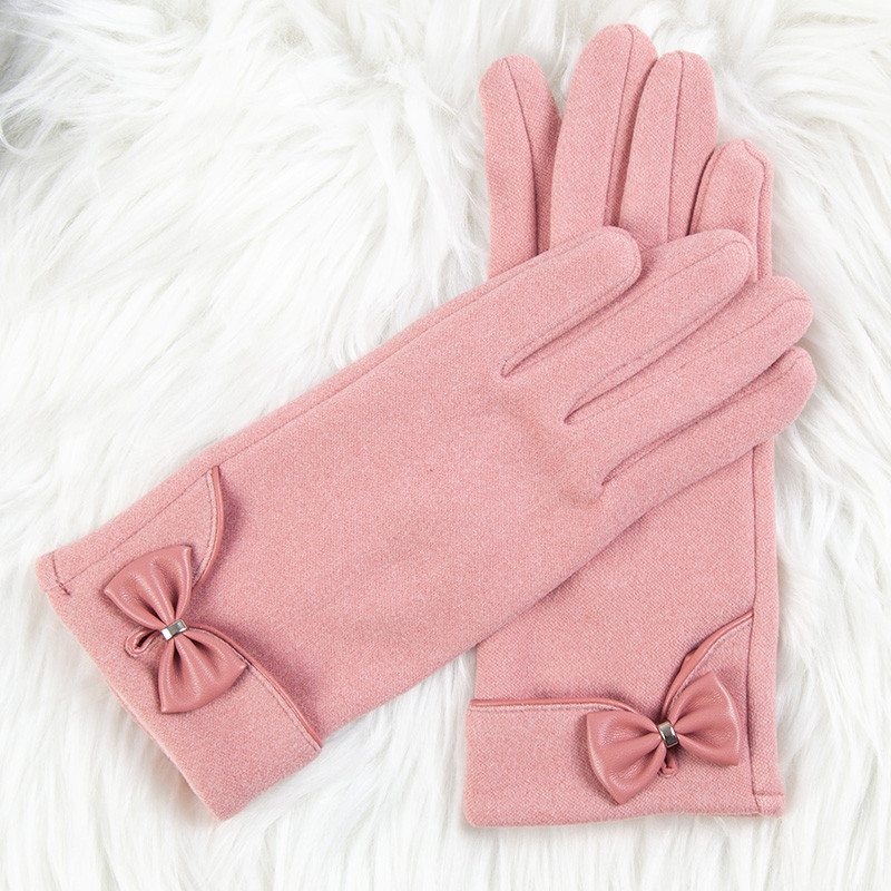 上海故事冬季保暖手套女可爱蝴蝶结开口加绒时尚分指手套粉色