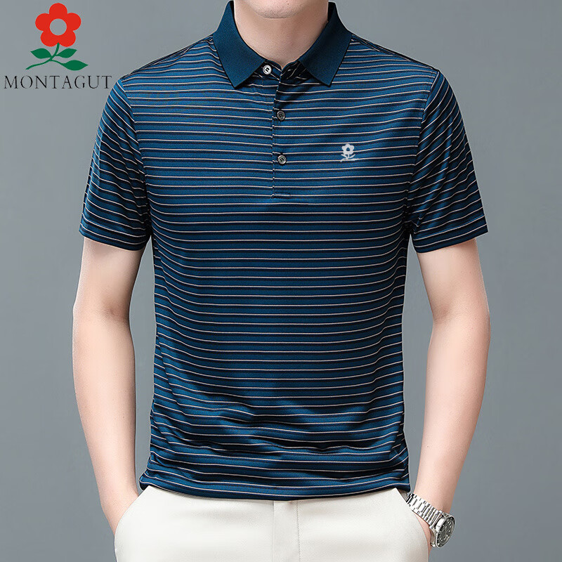 梦特娇(montagut)夏季梦特娇桑蚕丝短袖男翻领条纹半袖休闲男士真丝