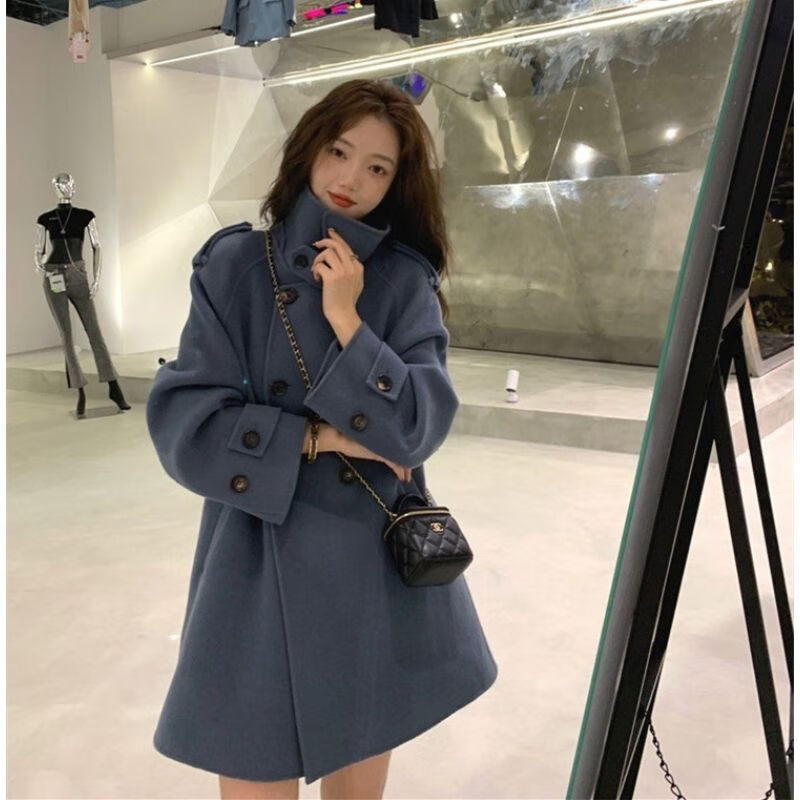 灰羊绒大衣秋冬季复古小个子毛呢斗篷外套女新款韩版宽松百搭 蓝色 s