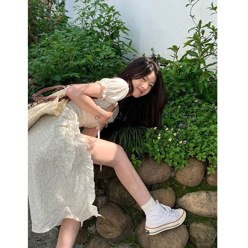 UJXW女式新款夏季開叉包臂連衣裙法式絕美碎花減齡漂亮洋氣裙子 碎花連衣裙 S