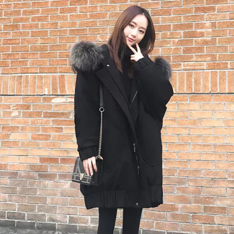洛之潮加肥加大码胖妹妹冬季新款派克服200斤中长款棉服女棉衣外套加厚 黑色【加��】 加厚 S建议80-95斤