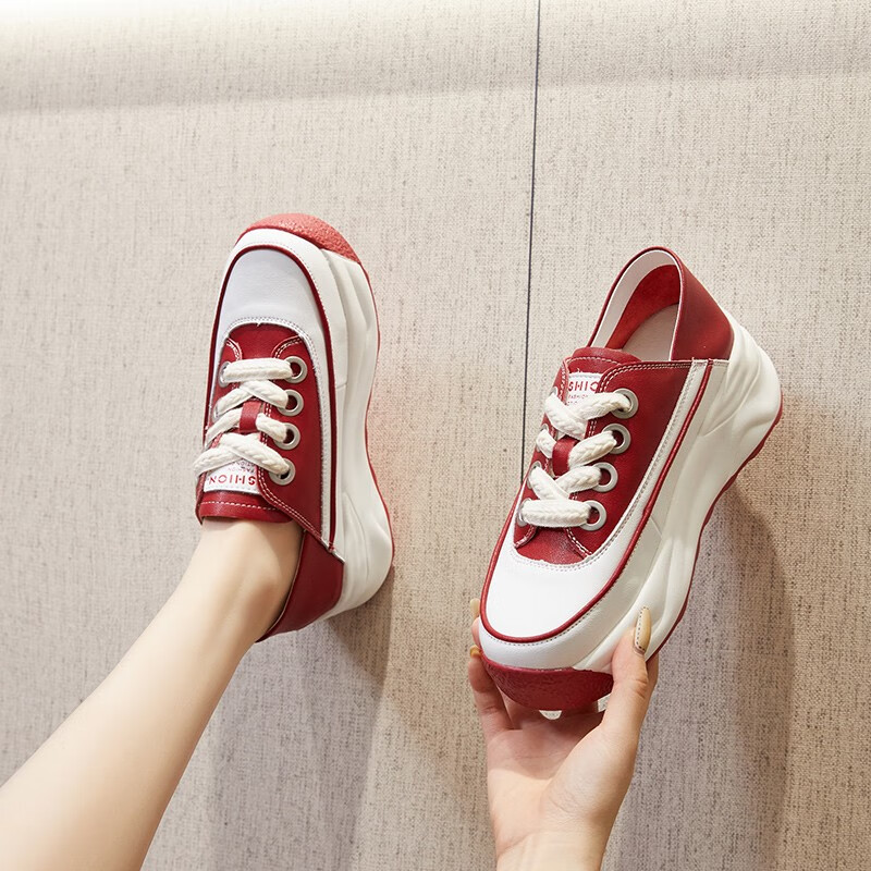 公主品牌休闲运动鞋女真皮软底轻便鞋小白鞋拼色板鞋内增高两穿女鞋子