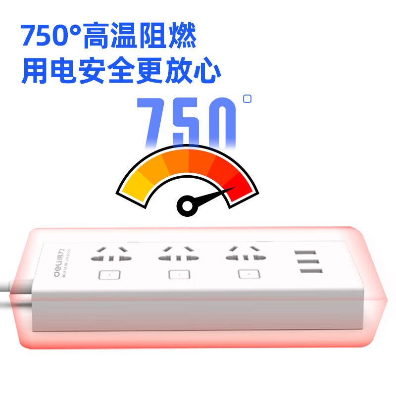 得力（deli） USB智能插座  3USB+3组合孔  独立分控  智能充电插排/插线板/排插/接线板  全长2米  18287