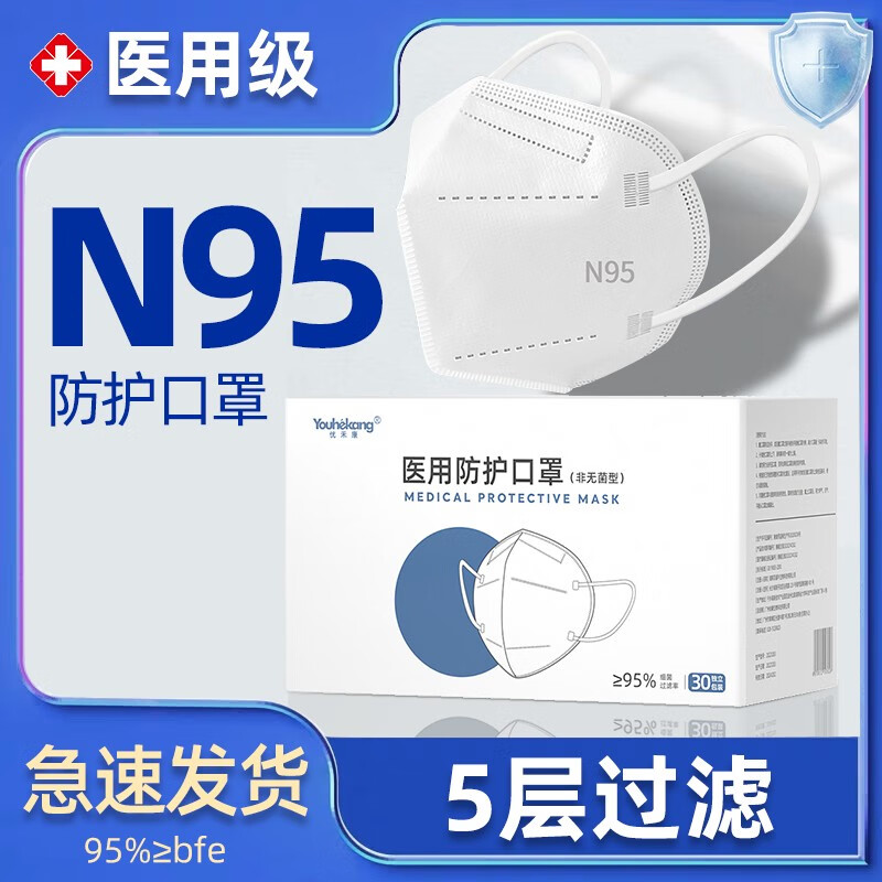 优禾康 N95型口罩医用口罩一次性防护口罩防尘口罩独立包装 N95口罩30个