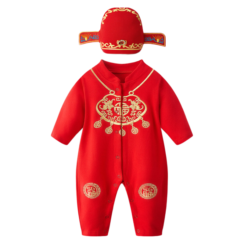 傳樂星（CHUANLEXING）周歲男女寶寶嬰兒衣服春夏裝一歲抓周禮服滿月百日百天唐裝連體衣 （春秋長款+帽襪）刺繡唐裝 90 碼(20-23斤/10-14月)周歲