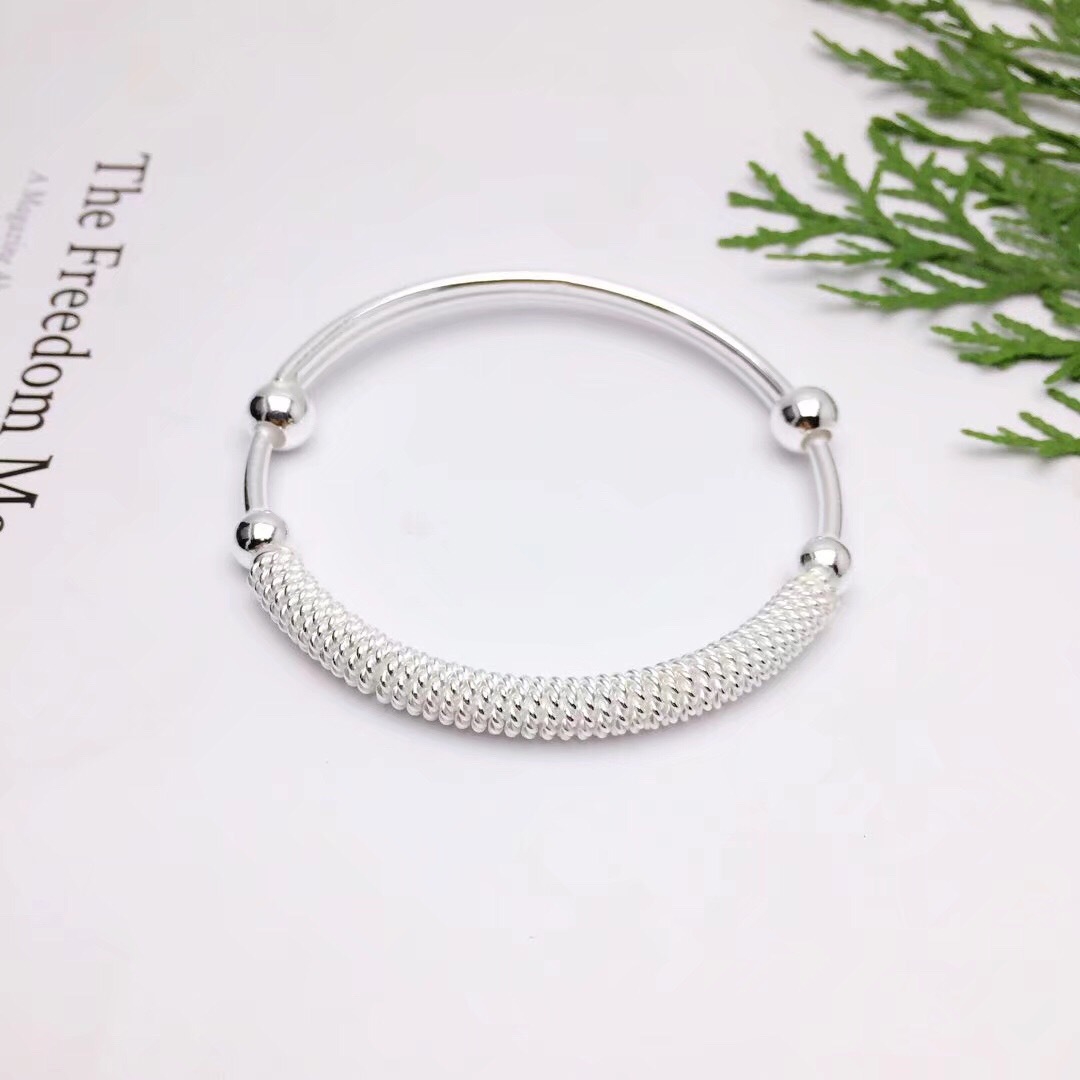 miflame 990足银手镯女 推拉焊珠银镯子 实心手环饰品女 简约潮流学生