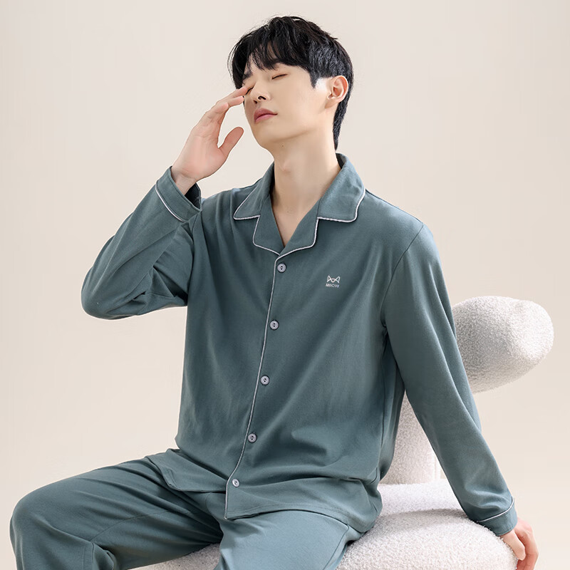 猫人纯棉家居服纽扣款 160g 云感睡衣 可外穿保暖家居服套装 深蓝 XL