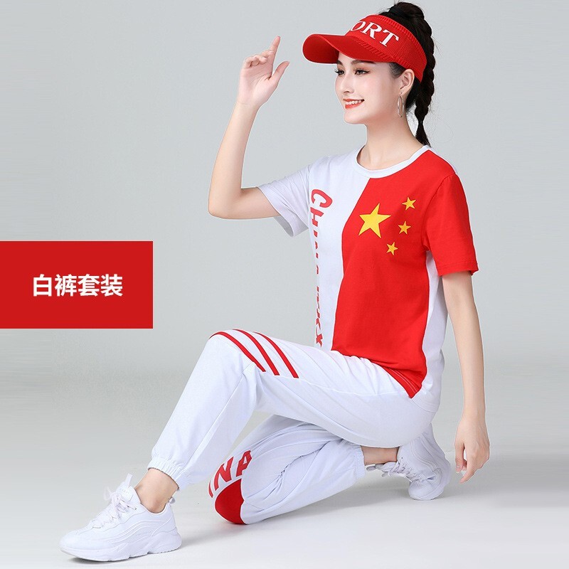 春夏季广场舞服装套装女舞蹈服女跳舞服杨丽萍鬼步舞团队装修身爱国演出水兵舞健身操表演演出队服休闲运动服 白裤套装 L（115-130斤）