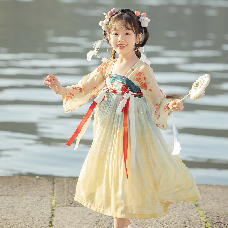 十三余[長(cháng)命縷·龍女] 刺繡童裝漸變齊胸對襟連衣裙兒童漢服女童 連衣裙 現貨 120