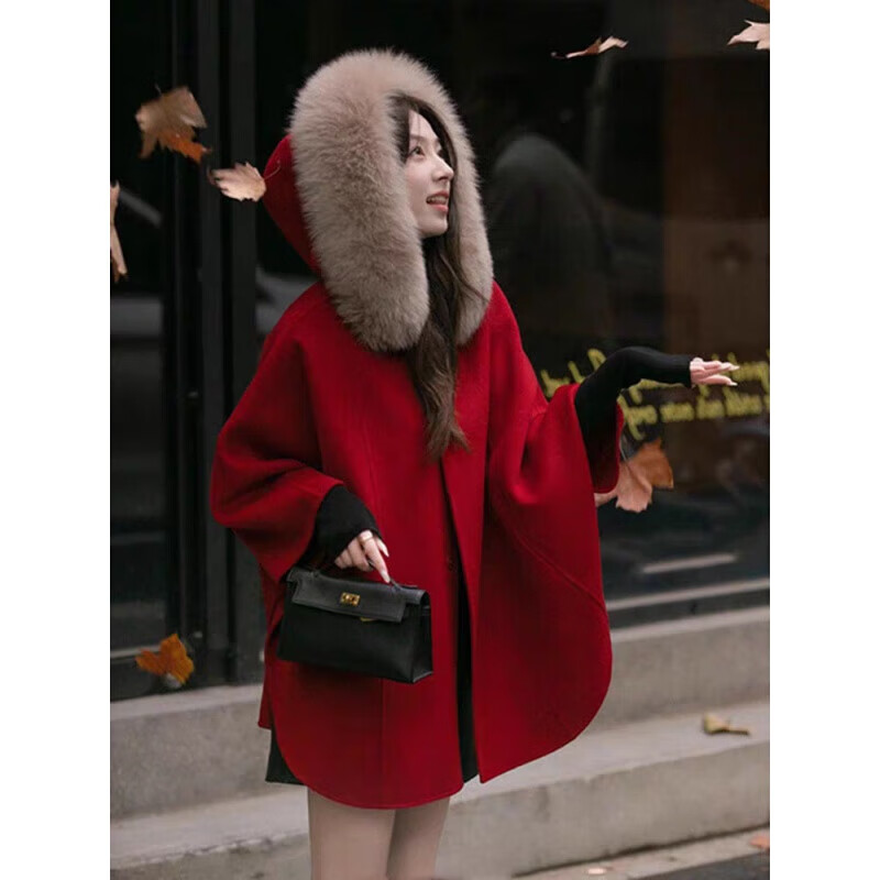 浮夏有帽子羊绒大衣女小个子带帽斗蓬女士中国风红色斗篷连帽毛呢外套