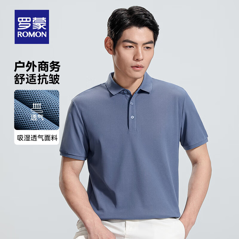 罗蒙（ROMON）短袖t恤男纯色polo领中青年夏季新款商务休闲凉感上衣 7T329827雅兰 L 175 (建议110-130斤)
