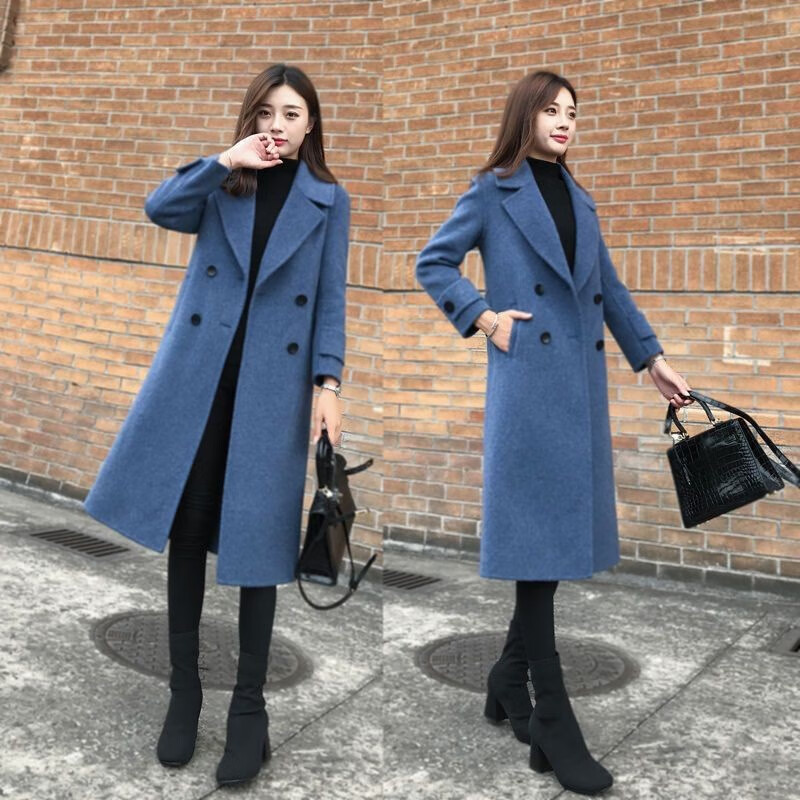 时尚新款毛呢女装外套中长款秋冬宽松韩版绒子大衣潮洋派百搭 藏青色