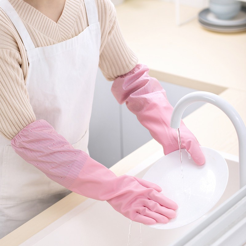 茶花袖套保暖手套耐用型厨房洗碗手套女冬季加绒家务洗衣服 蓝色 一双