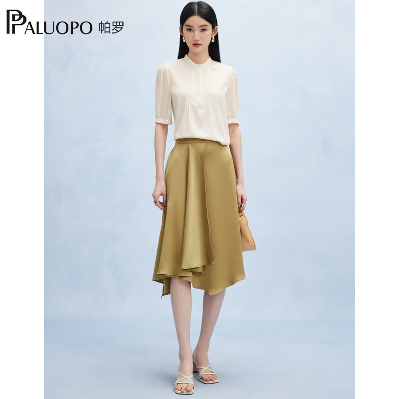 帕罗(PALUOPO)夏季新款真丝圆领五分袖t恤女刺绣双乔桑蚕丝体恤打条褶皱上衣 米色 3XL (175/100A)