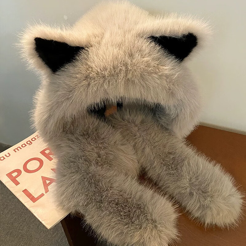 溪谷幽幽加厚毛绒绒狐狸耳朵帽子围巾一体秋冬季防寒保暖雷锋帽护颈显脸小 灰色 均码（56-58cm）