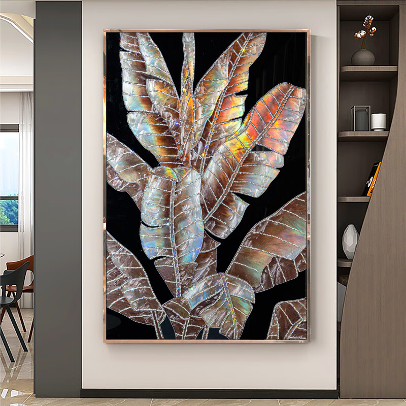 画龙镶钻珐琅彩玄关画现代轻奢高档入户玄关装饰画高级餐厅挂画芭蕉叶 《家大业大》黑金版 拉丝金色-合金框88x160cm