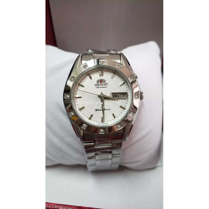 东方双狮(orient)男士全自动机械手表复古时尚全钢镶钻男腕表 白色