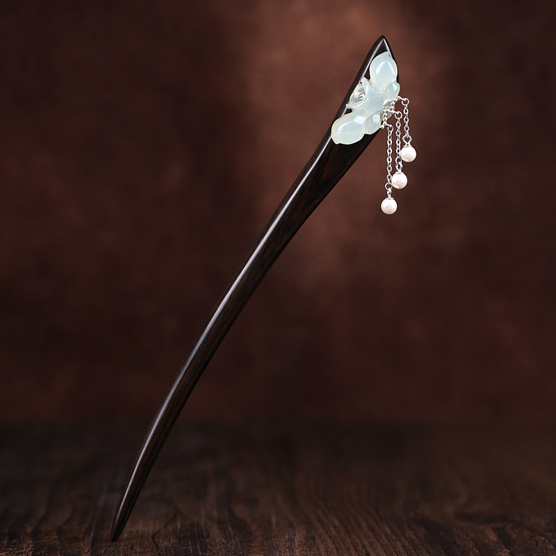 手工银珍珠流苏岫玉蝴蝶簪子木头盘发汉服女古风发簪情人节礼物 珍珠