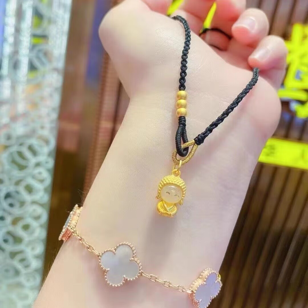 krey老凤凰999足金转运珠18k金镶玉笑脸佛吊坠女开心弥勒佛头手工编绳