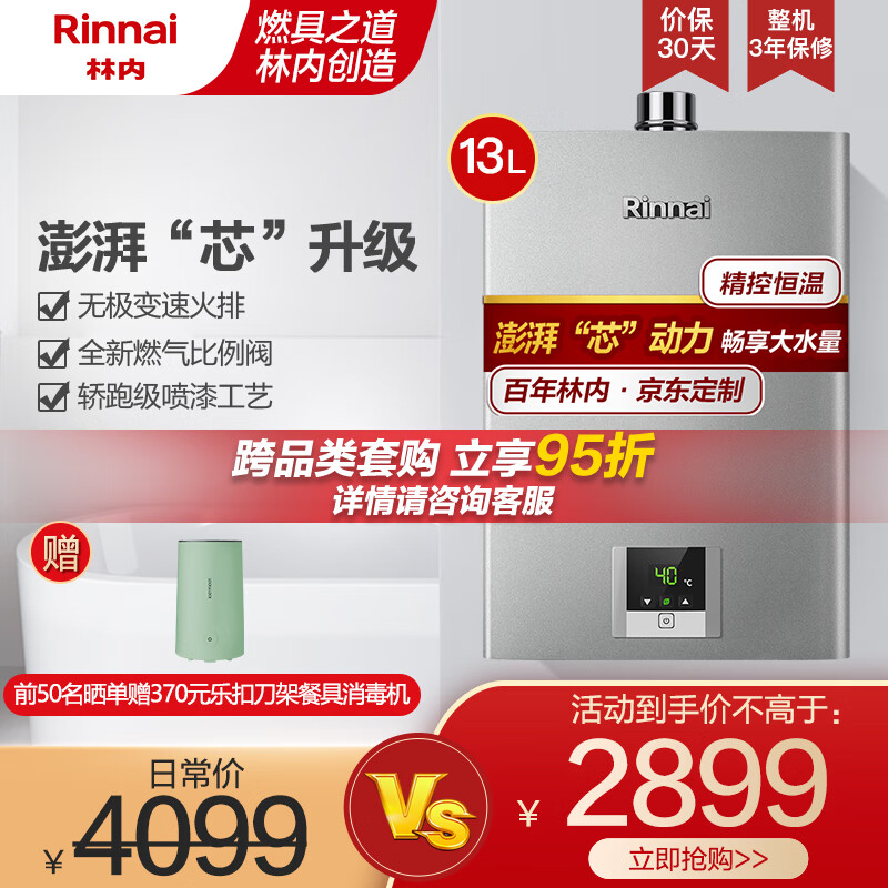 林内(Rinnai)13升燃气热水器 澎湃大水量 百年定制 芯动力系列RUS-13QD31（JSQ26-D31）京品家电