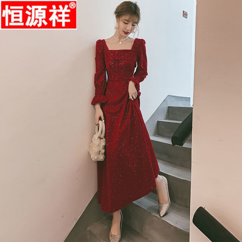 恒源祥礼服裙子平时可穿长袖敬酒服新娘2023新款春夏订婚礼服简单大气女 酒红 XXL怎么看?