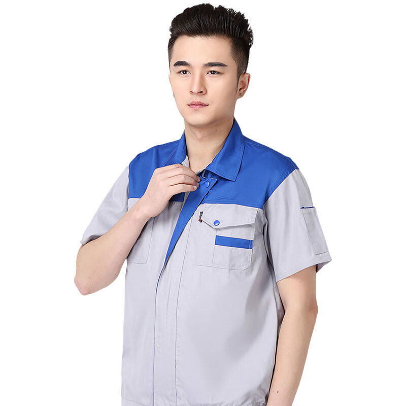 工作服套装男夏季薄款耐磨劳保定制汽修工人厂地车间短袖 藏蓝灰肩