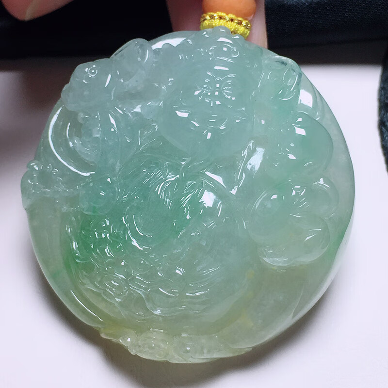 心偶玉 翡翠冰三彩财神圆牌吊坠 缅甸a货翡翠玉石送礼男款尺寸45.