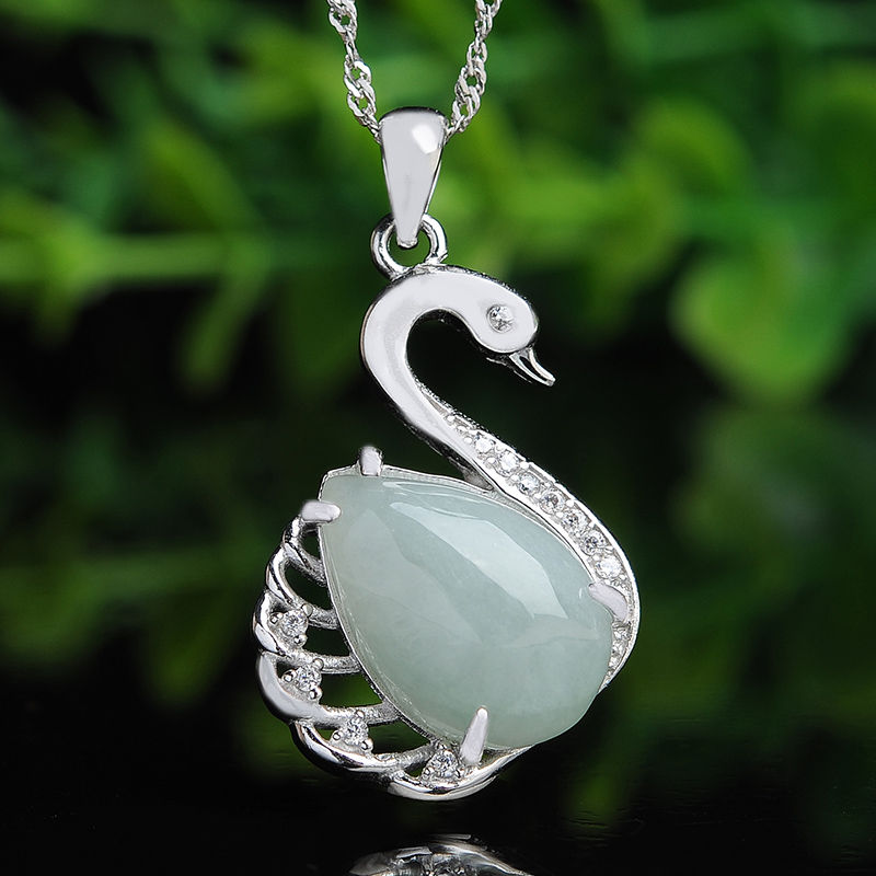 静汝玉翡翠吊坠925银镶玉吊坠翡翠天鹅玉坠优雅女款玉石吊坠银链生日