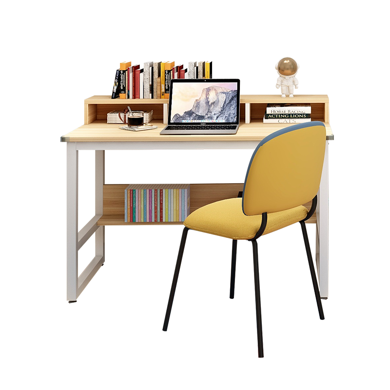 雅美乐 电脑桌台式 家用书桌办公桌简易简约写字台 带书架学习桌子 浅胡桃色+白色钢架YSZ485