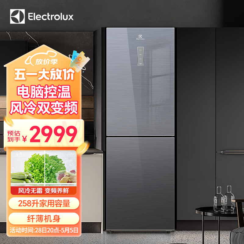 伊莱克斯（Electrolux）EBE2519GB 258升两门冰箱 风冷无霜变频冷藏冷冻家用电冰箱 质感银