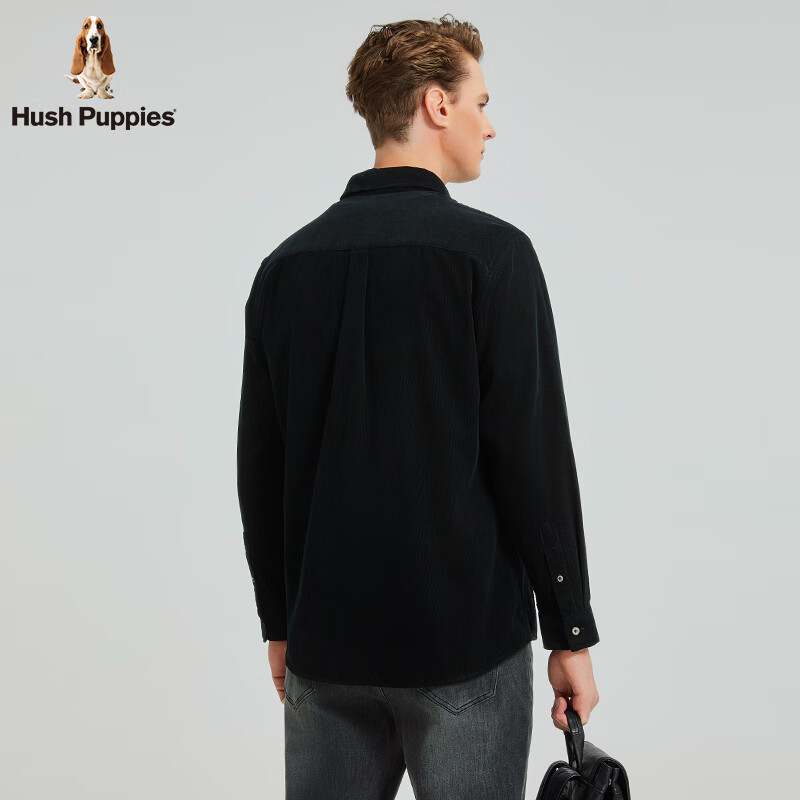 暇步士(Hush Puppies)【柔软耐磨】男装秋季面料厚实复古细条灯芯绒衬衫 墨蓝色 L