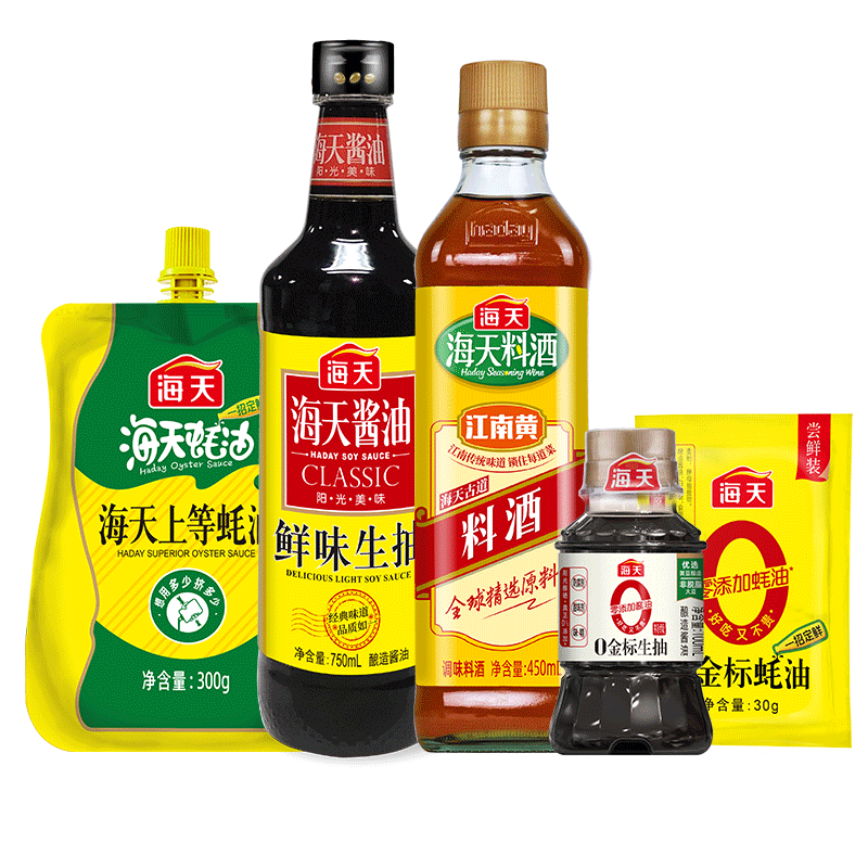 海天 酱油 鲜味生抽750ml+古道料酒450ml+蚝油260g+0金标生抽100ml+盐焗粉30g 海天调味5件装10054895202448