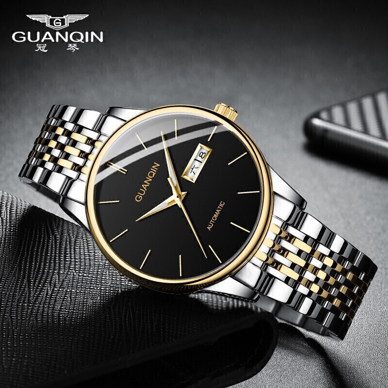 冠琴(GUANQIN)名表十大品牌手表男士商务全自动机械表男表夜光防水双日历男士表 间金黑面16217【免费刻字】