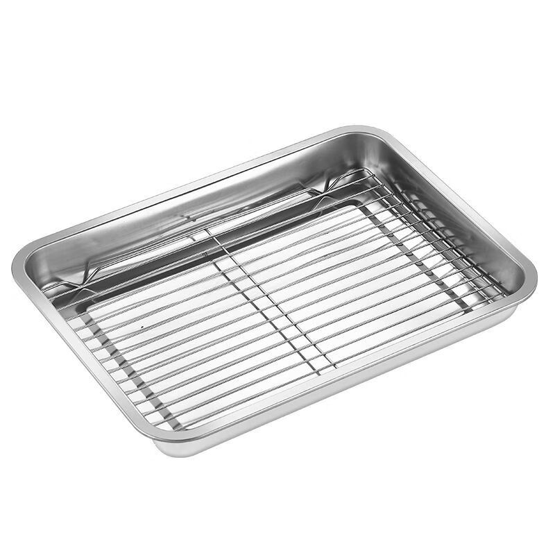 嘉宝日用不锈钢方盘带网控油架商用托盘滤水滤油盘熟食展示盘烧烤撒料盘子 60*40*4.8+配套网【整套】