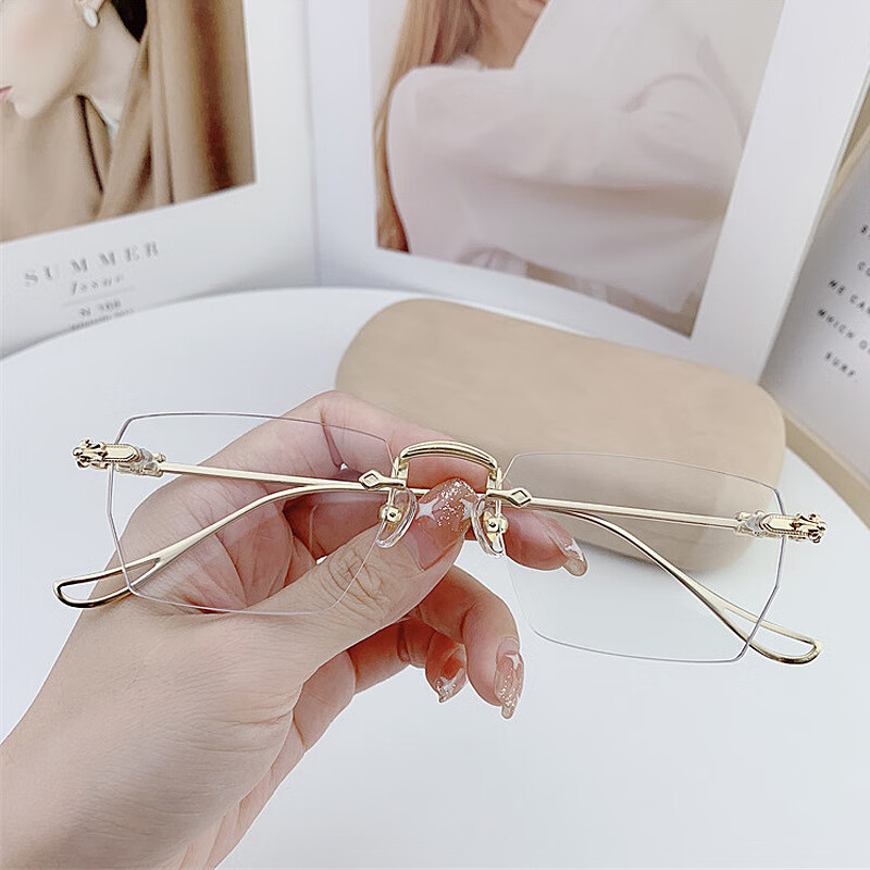 近视眼镜女感光变色男大脸金边斯文商务无边框 亮金色 左右近视400度