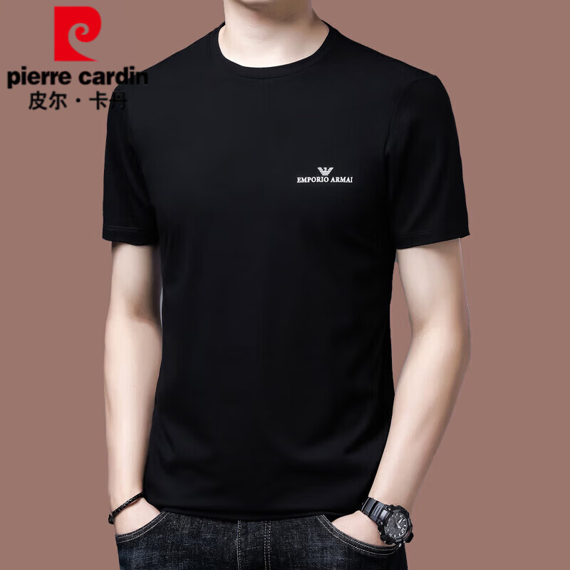 皮尔卡丹（pierre cardin）冰 丝短袖t恤男2025新款春夏季圆领修身薄款桑蚕丝体恤衫潮 黑色2117款 2XL 180 【155斤-170斤】