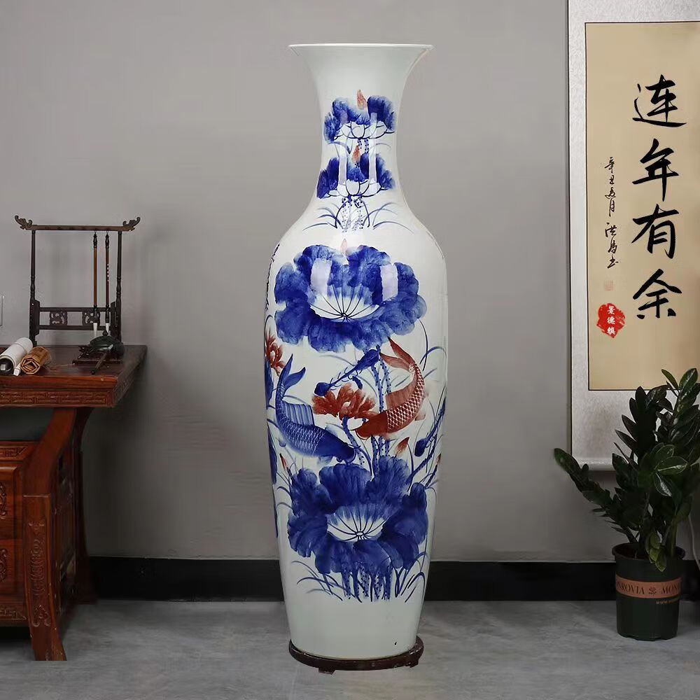 芊阙景德镇青花陶瓷落地大花瓶中式客厅大厅电视机柜装饰摆件乔迁礼品