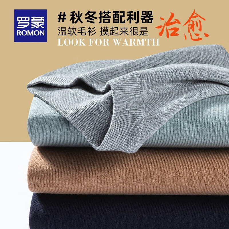 罗蒙（ROMON）针织衫男2024秋季新款圆领毛领中青年纯色百搭打底衫男 浅灰 3XL 190（建议160-180斤）