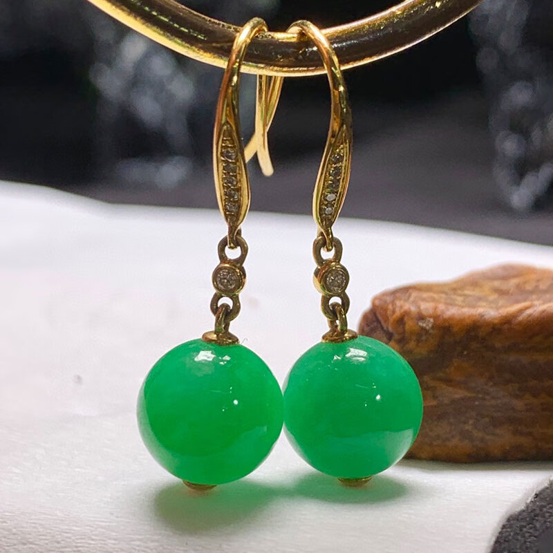 厚山缅甸老坑a货翡翠冰种阳绿圆珠珠子18k金镶嵌翡翠耳坠女士