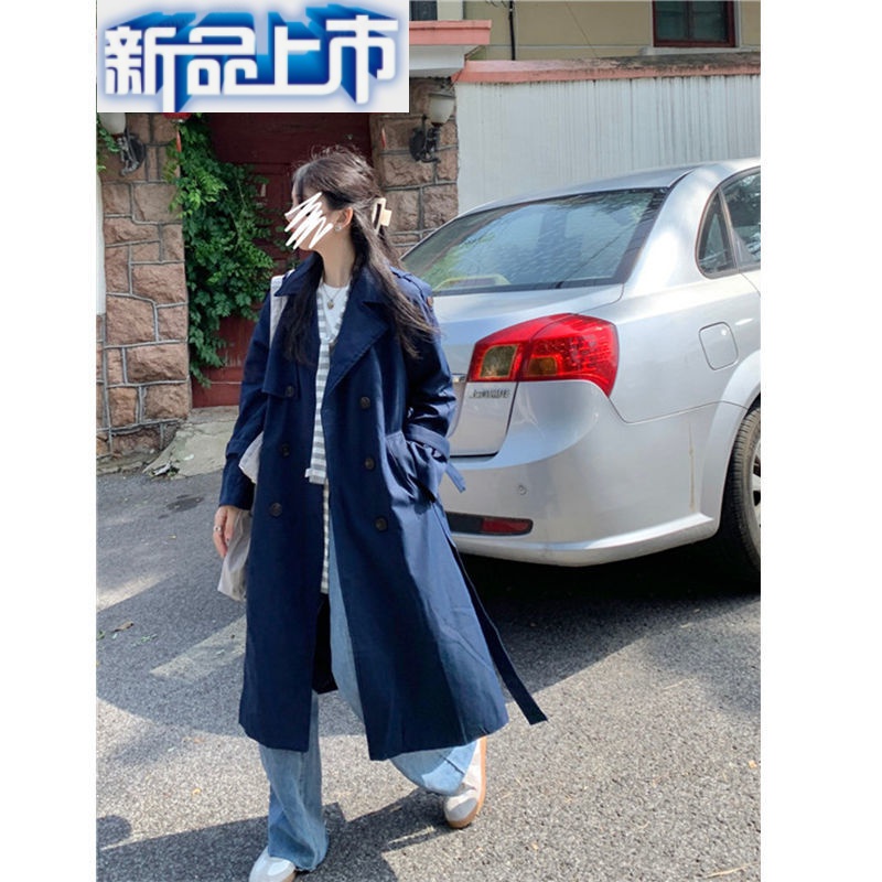 学院风新款秋冬风衣宽松百搭港味长袖小个子外穿中长款大衣女 藏青色